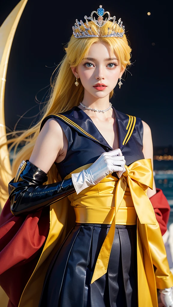 ((masterpiece:1.4)、(highest quality:1.4)、(realistic:1.7))、Masseter muscle part:1.4、beautiful AMBER HEARD 、(sailor moon:1.4)、beautiful blue eyes、moon野うさぎ、Body fit sexy sailor warrior uniform、(latex shiny)、(The jacket is a white sleeveless sailor uniform.)、(Skirt Blue Sexy Ultra Ultra Pleated Mini Skirt)、The collar of the sailor suit is blue with two thin lines.、red cloth decoration on the chest、(wearing white gloves)、pretty girl、Super beautiful、portrait photography、Upper body shot:1.4、(yellow hair:1.4)、(hair length:1.2)、RAW photo、red lips、red high heels:1.4、choker:1.4、necklace:1.4、earrings:1.4、(luxurious silver tiara:1.4)、1 screen display、moon、universe、universe船、cosmos、