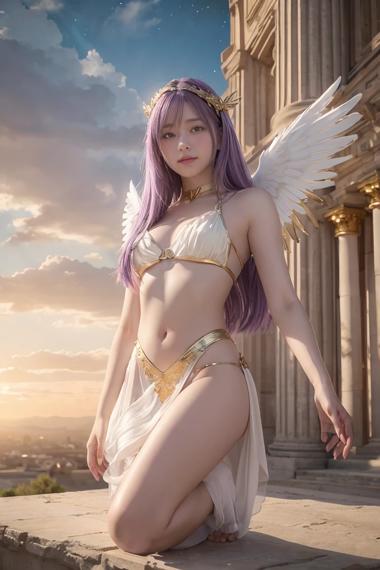 ((masterpiece, best quality, extremely detailed), volumetric lighting, ambient occlusion, colorful, glowing), 
1girl, solo, young girl, (purple hair), long hair, halo, aura, sacred, goddess, cleric suit, (white outfit with gold detailst:1.3), angel wings,
outdoors, sunset, sky, clouds, space, (fantasy theme:1.2),