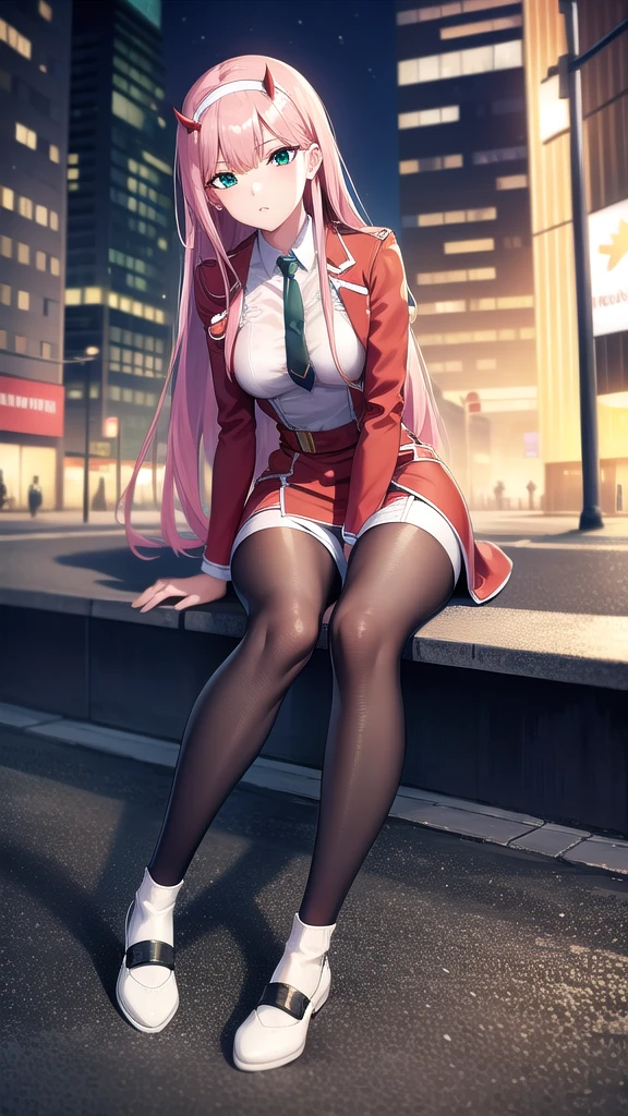 BREAK looking at viewer, BREAK (masterpiece:1.2), best quality, high resolution, unity 8k wallpaper, (illustration:0.8), (beautiful detailed eyes:1.6), extremely detailed face, perfect lighting, extremely detailed CG, (perfect hands, perfect anatomy),city,street,night,wet road, zero two, (green eyes:1.5), hairband, horns, long hair, pink hair, red horns, white hairband,jacket, leggings, red jacket, white footwear,skinny fit,long legs, in middle of street,unbuttoned shirt,cleavege,neckline,bra vissible,black pantyhose,sitting on bench, sitting with spread legs,showing panties,from below.