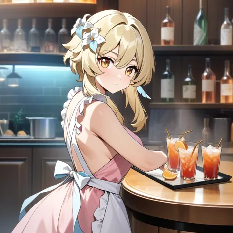 lumine,  lumine from genshin impact, stylish pose, serving drinks, holding  tray of drinks, anatomically correct, 1girl, blonde,...