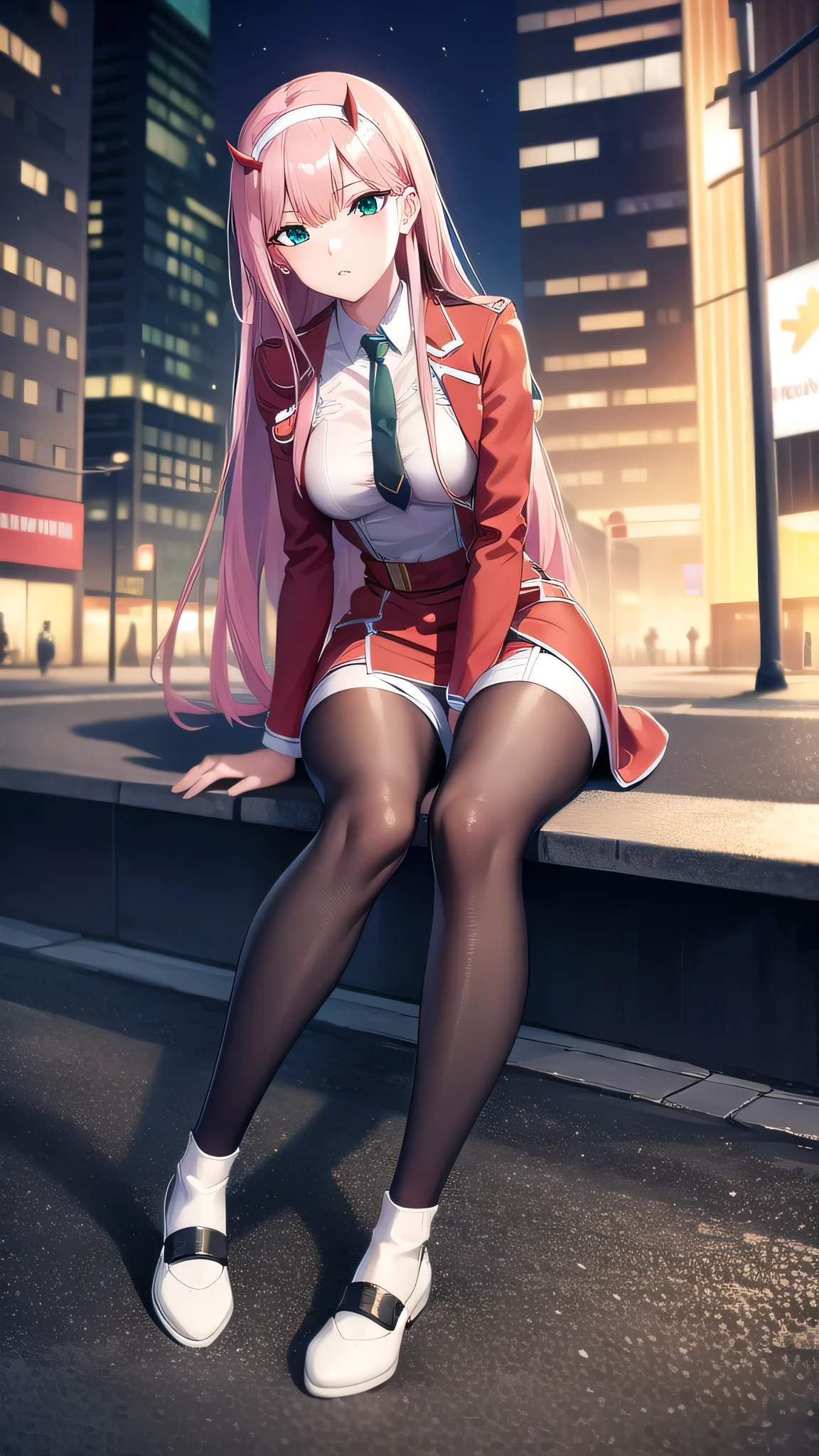 BREAK looking at viewer, BREAK (masterpiece:1.2), best quality, high resolution, unity 8k wallpaper, (illustration:0.8), (beautiful detailed eyes:1.6), extremely detailed face, perfect lighting, extremely detailed CG, (perfect hands, perfect anatomy),city,street,night,wet road, zero two, (green eyes:1.5), hairband, horns, long hair, pink hair, red horns, white hairband,jacket, leggings, red jacket, white footwear,skinny fit,long legs, in middle of street,unbuttoned shirt,cleavege,neckline,bra vissible,black pantyhose,sitting on bench, sitting with spread legs,showing panties,from below.