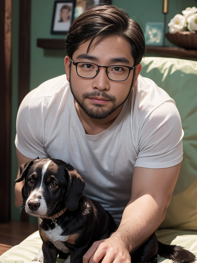 solo, crew cut, (((full body))), mature man, [slightly fat], asian man, brown eyes, rounded face, glasses, slightly balding, (((stubbles, Short beard))), (((full beard))), (Beautiful eyes:1.3), (Detailed face:1.3), with his dog, in a mint color room