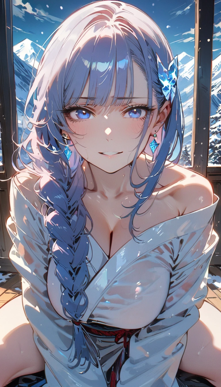 Nsfw,Snow Woman、Beautiful dark blue hair,Big Breasts、Long Hair,Yuki Onna,Cool look,White kimono,(high quality),(red eyes,Perfect Eyes,clear eyes),(cheek),Narrow eyes, Ice earrings,Adult women,Snowstorm in the background,Long sleeves,from_front,The kimono is transparent,skin is white,unamused,hair ICE ornaments,mountain,(8K),straddle the Pov.,smile,(side braid),full body