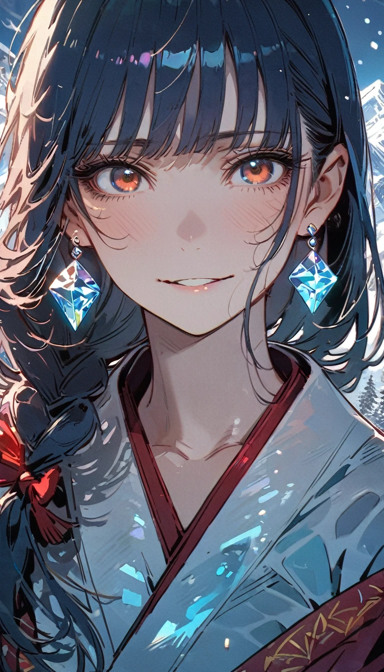 Browsing Caution,Snow Woman、Beautiful dark blue hair,Big Breasts、Long Hair,Yuki onna,Cool look,White kimono,(high quality),(Red eyes,Perfect Eyes,Clear Eyes),(cheek),Narrow eyes, Ice Earrings,Adult female,Snowstorm in the background,Long sleeve,from_front,The kimono is transparent,White skin,Uninteresting,Hair ICE decoration,Mountain,(8k),Crossing perspectives.,smile,(Side braid),whole body