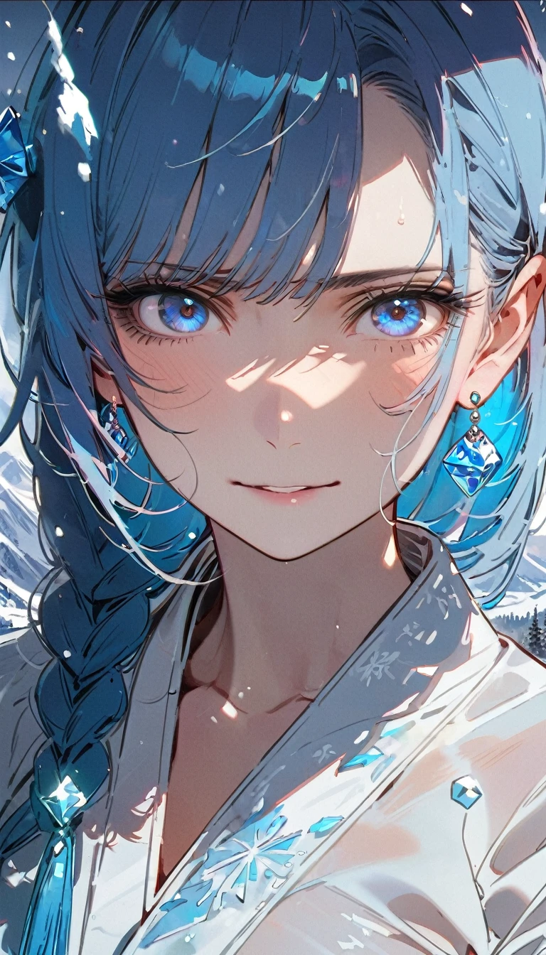 Nsfw,Snow Woman、Beautiful dark blue hair,Big Breasts、Long Hair,Yuki Onna,Cool look,White kimono,(high quality),(red eyes,Perfect Eyes,clear eyes),(cheek),Narrow eyes, Ice earrings,Adult women,Snowstorm in the background,Long sleeves,from_front,The kimono is transparent,skin is white,unamused,hair ICE ornaments,mountain,(8K),straddle the Pov.,smile,(side braid),full body