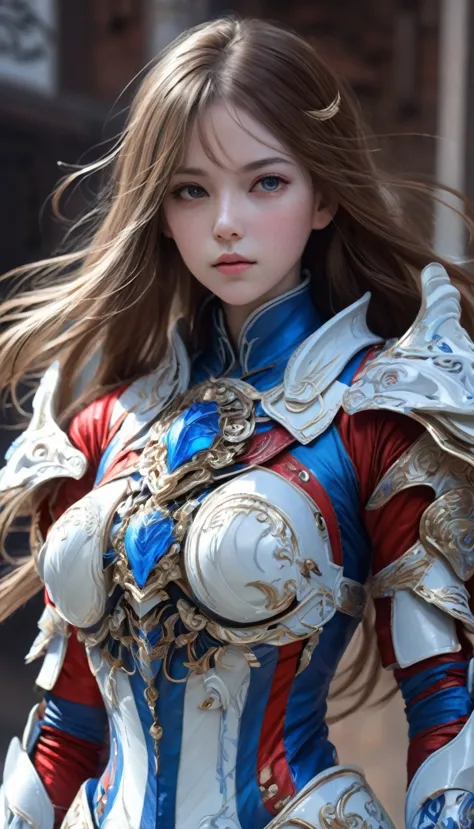 front_watch, masterpiece, best quality, realistic, raw photos, (1 girl, looking at watcher), long hair, white armor, complex arm...