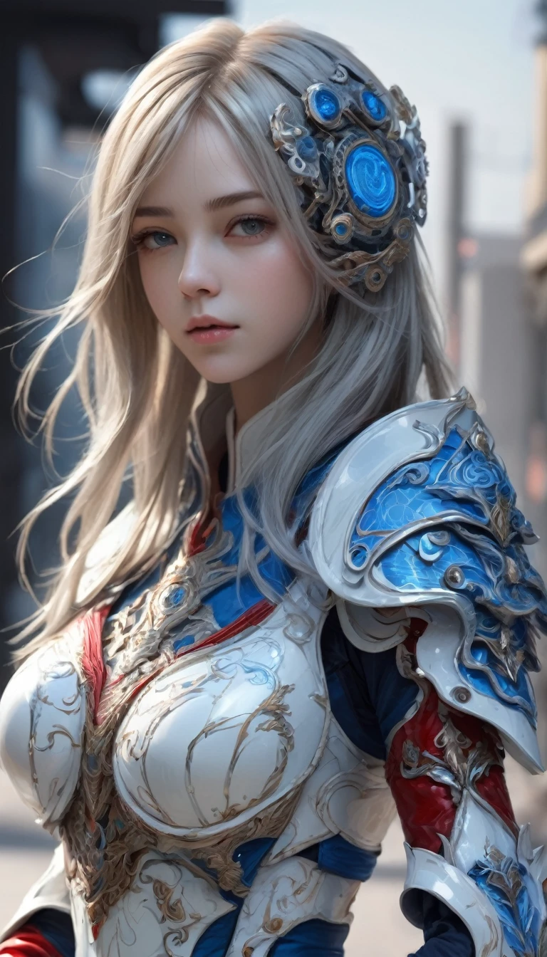 front_watch, Masterpiece, best quality, realistic, raw photos, (1 girl, looking at watcher), long hair, White armor, Complex armor, The pattern is a delicate blue line., Intricate patterns, Red metal parts, As for the details, dynamic gesture, Detailed background, dynamic light,