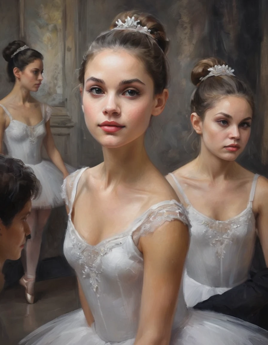 (ultra-detailed, highest quality), oil painting, clear colors, and light touches to capture the facial expressions of people in a natural way. Portrait of a ballerina, a masterpiece,