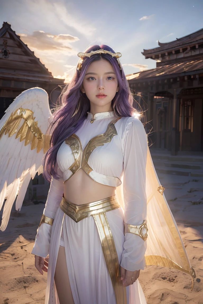 ((masterpiece, best quality, extremely detailed), volumetric lighting, ambient occlusion, colorful, glowing), 
1girl, solo, young girl, (purple hair), long hair, halo, aura, sacred, goddess, cleric suit, (white outfit with gold detailst:1.3), angel wings,
outdoors, sunset, sky, clouds, space, (fantasy theme:1.2),