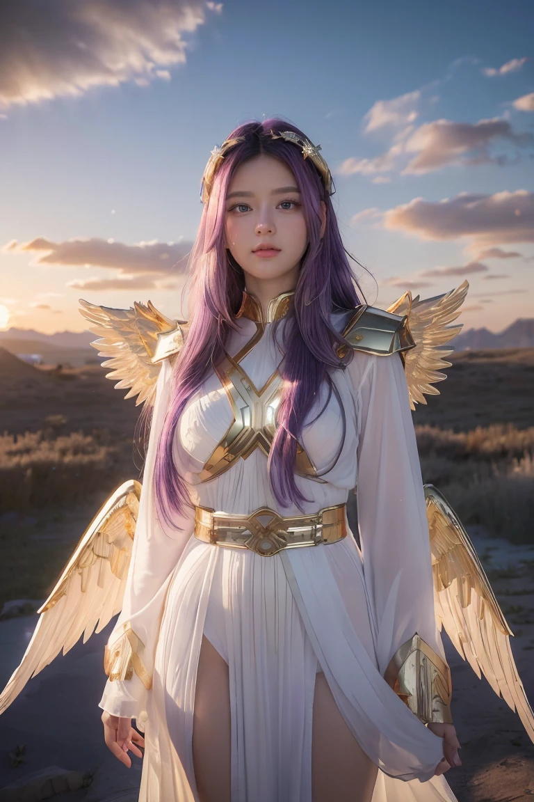 ((masterpiece, best quality, extremely detailed), volumetric lighting, ambient occlusion, colorful, glowing), 
1girl, solo, young girl, (purple hair), long hair, halo, aura, sacred, goddess, cleric suit, (white outfit with gold detailst:1.3), angel wings,
outdoors, sunset, sky, clouds, space, (fantasy theme:1.2),