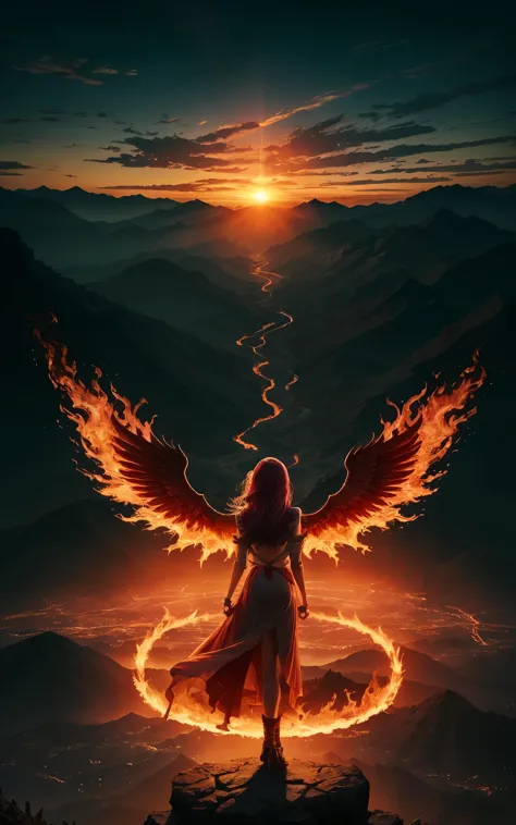 (anna ralphs) (masterpiece, best quality: 1.2), a girl with phoenix wings standing in a ring of fire, with glowing red eyes, pho...