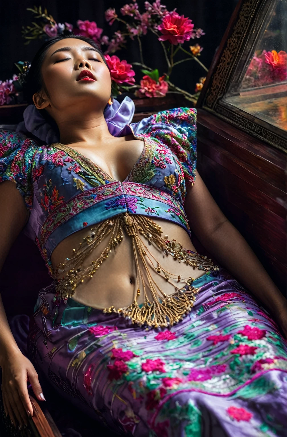 In a striking 8K HDR scene, a stunning Korean woman, 22 years old, lies peacefully in a coffin and coffin cover surrounded by plush pillows behind head. The deep box is set against a rich black background, accentuating the beauty of the subject. Her exquisite deep-V neckline kebaya attire is embroidered with superb detail, showcasing her round and firm breasts, perfect cleavage, and beautiful eyebrows. Her closed eyes and mouth give an air of serenity, while her visible and absolute cleavage leave nothing to imagination. The scene is bathed in saturated colors, highlighting every intricate aspect from the ball skirt to her clean face, straight body, detailed hand perfect hands, straight body, own hands together, own hand on stomach, detailed hands, perfect hands, holding the flowers