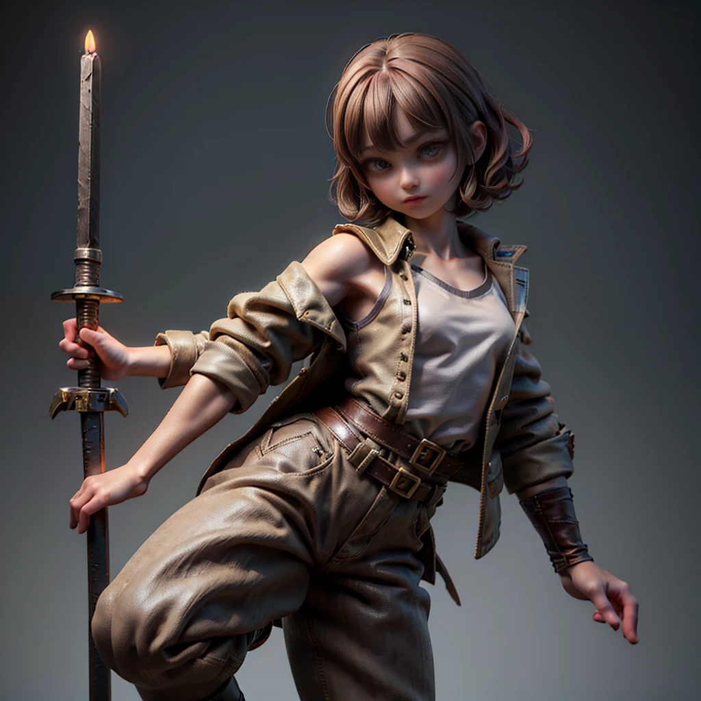 NSFW, WBDSM, (highest quality, ultra-high resolution, ultra-high definition, historical masterpiece, high-definition CG illustration: 1.2) realistic, real human-like CG illustration (a beautiful adventurer, her physical characteristics are short height of 100 cm, narrow waist, , flat chest, large face, large beautiful reddish brown eyes, pale scarlet short hair, slightly curly) (fantasy, sword and magic world, ) (plain beige linen jacket, nipples prominent, linen trousers, simple leather belt with simple sword in sheath hanging on the right side, leather armor with fine scratches protecting the left shoulder and torso, slightly small round scratched shield in the right hand, short but thick knife in the right hand, old leather long boots) dimly lit mountain path, fighting something, various acrobatic poses, bold camera angles, oozing eroticism, effective use of LoRA