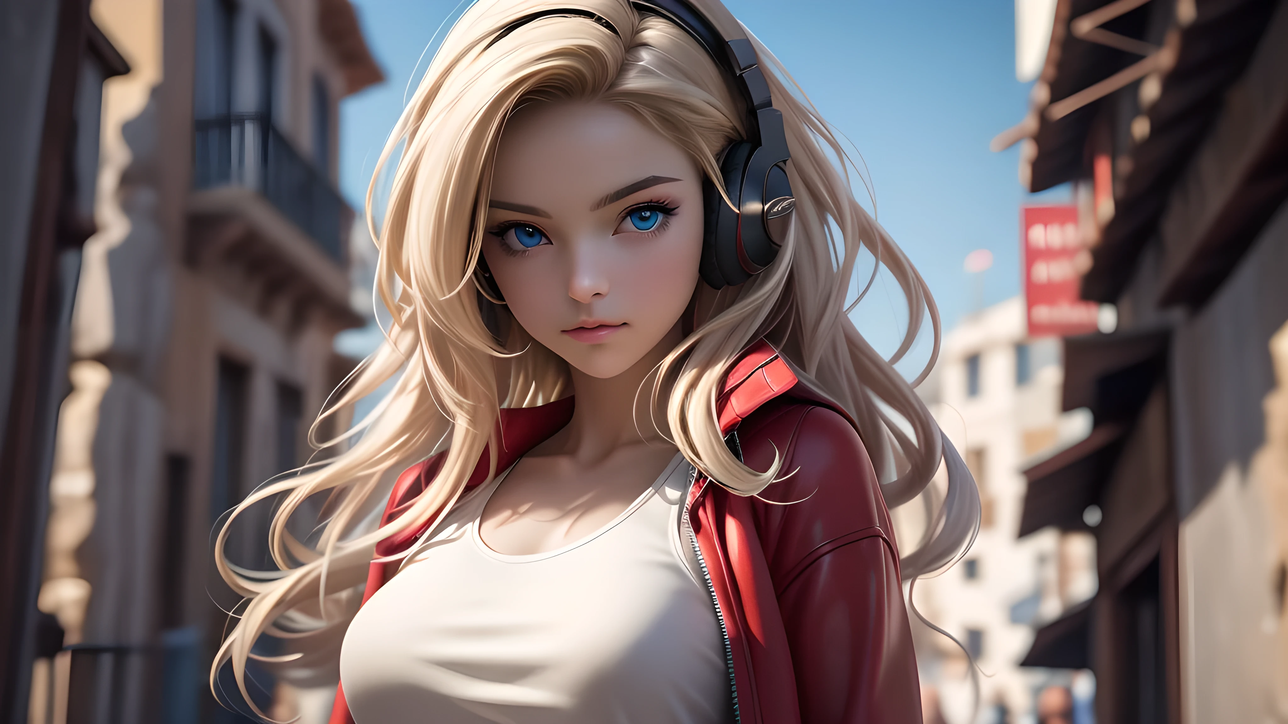 highly detailed, cinematic film still, A sexy girl, long blond hair, blue eyes, busty, white tank top, red jacket, black leather and cable-less headphones, in a captivating picture evoking a sense of wonder and curiosity within the viewer, in a greece landscape (((masterpiece))), (((best quality))), UHD, retina, masterpiece, accurate, anatomically correct, textured skin, super detail, high details, high quality, award winning, best quality, highres, 1080P, HD, 4K, 8k, 16k, 32k 