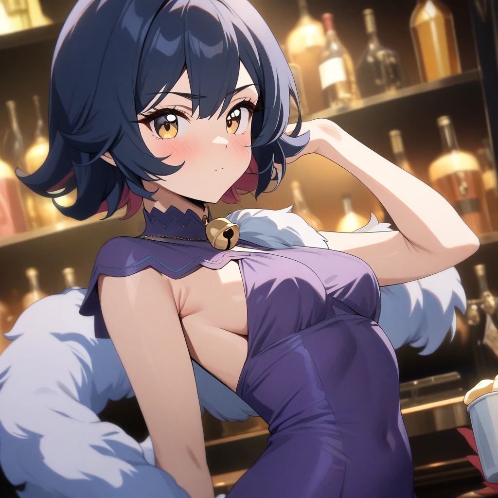 belle, bell from  zenless zone zero, stylish pose, holding drink, great gatsby pose, anatomically correct, 1girl, short hair, dark blue hair, golden eyes, beautiful face, pink dress, fur dress, purple dress, fur, bar background, decorative, masterpiece, high quality, hd, 4k, upper body, genshin artstyle, 