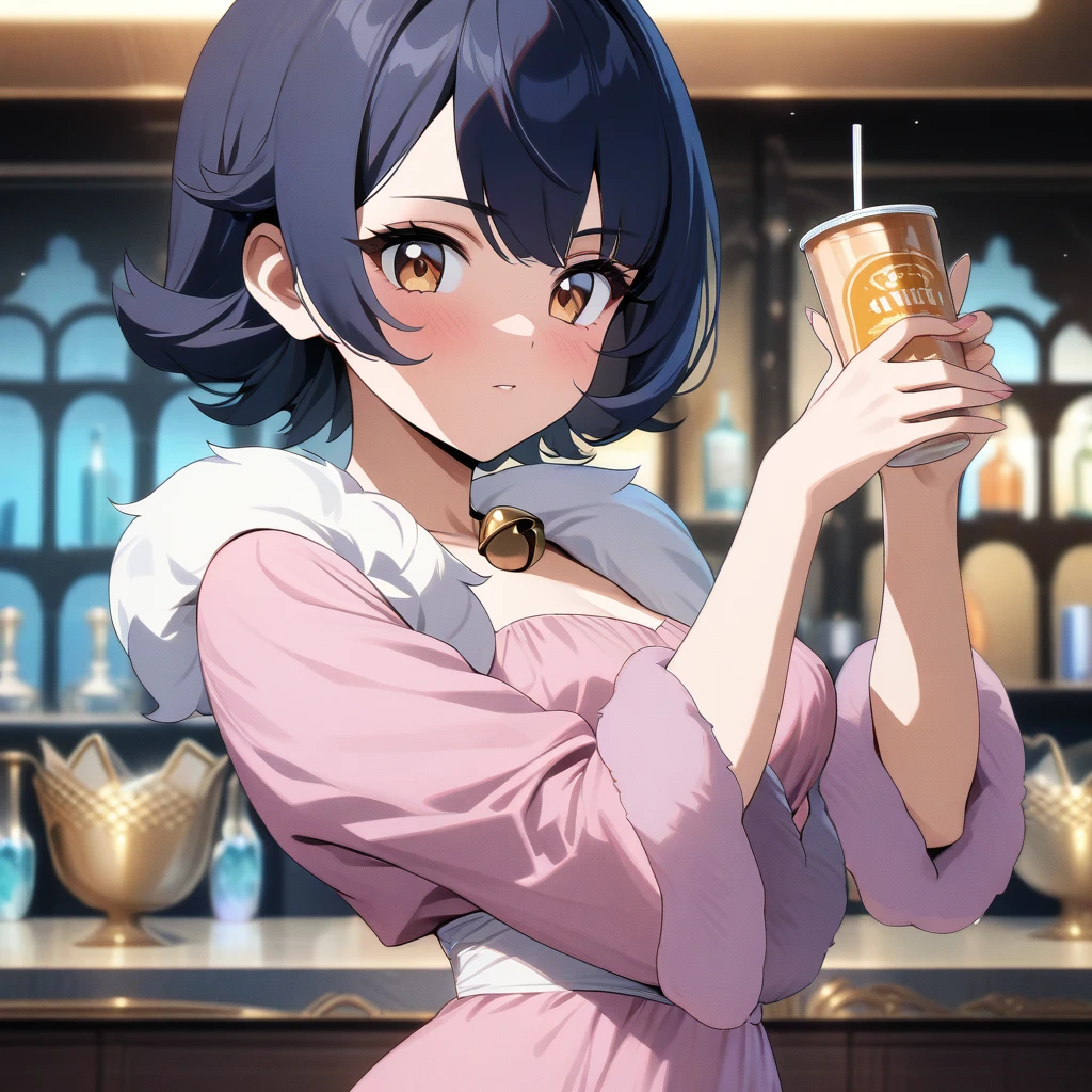 belle, bell from  zenless zone zero, stylish pose, holding drink, great gatsby pose, anatomically correct, 1girl, short hair, dark blue hair, golden eyes, beautiful face, pink dress, fur dress, purple dress, fur, bar background, decorative, masterpiece, high quality, hd, 4k, upper body, genshin artstyle, 