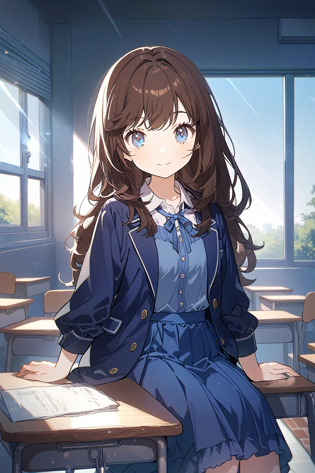 1 girl, CuteStyle, upper body, blue eyes, brown hair, long hair with bangs, dressed in a dark blue dress, dressed in a dark blue jacket buttoned, school dress, at school, windows, sitting at a desk, smile on her face, day, light, rays of the sun, detailed, beautiful, medium chest, looking on the viewer, tired face, calm cute cheerful smile, dynamic, gentle tones