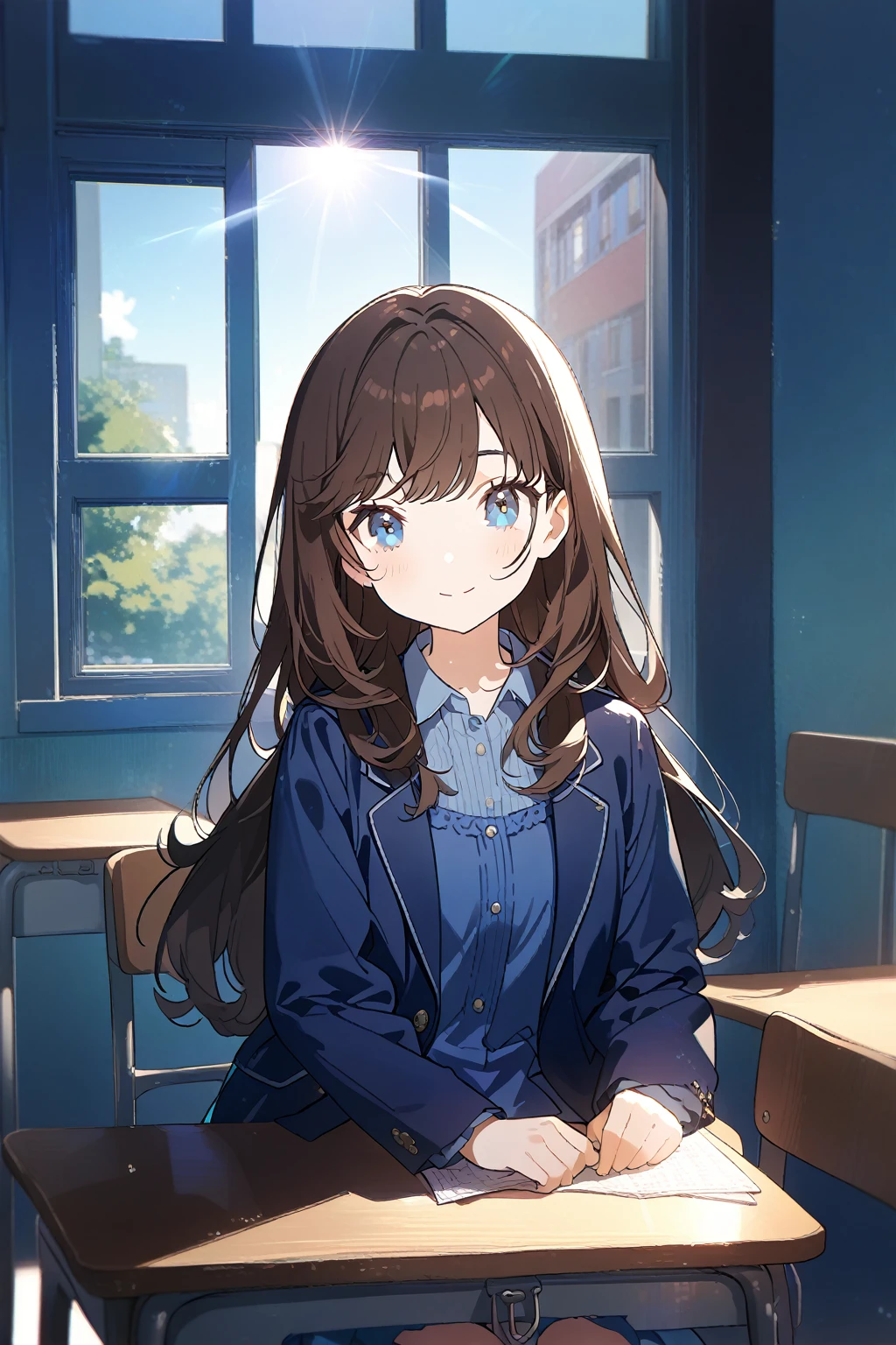 1 girl, CuteStyle, upper body, blue eyes, brown hair, long hair with bangs, dressed in a dark blue dress, dressed in a dark blue jacket buttoned, school dress, at school, windows, sitting at a desk, smile on her face, day, light, rays of the sun, detailed, beautiful, medium chest, looking on the viewer, tired face, calm cute cheerful smile, dynamic, gentle tones