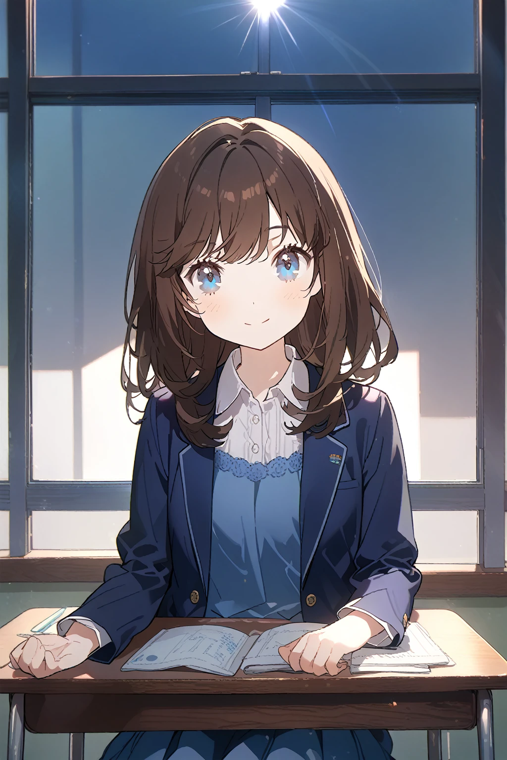 1 girl, CuteStyle, upper body, blue eyes, brown hair, long hair with bangs, dressed in a dark blue dress, dressed in a dark blue jacket buttoned, school dress, at school, windows, sitting at a desk, smile on her face, day, light, rays of the sun, detailed, beautiful, medium chest, looking on the viewer, tired face, calm cute cheerful smile, dynamic, gentle tones