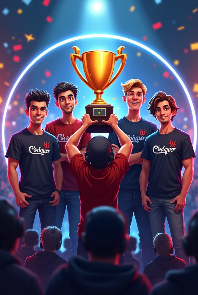 Gaming logo. In the circle Four adult boys are showing pro trophy in ...