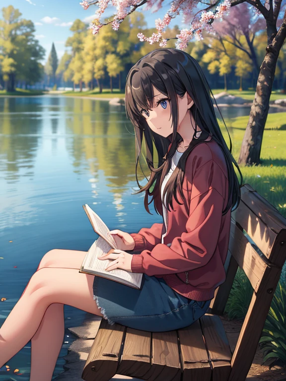 Girl reading by the lake, Vibrant colors, spring, Willow branches, Comfort, warm sunlight