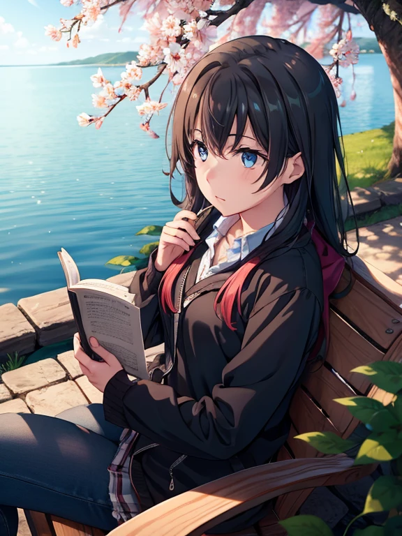 Girl reading by the lake, Vibrant colors, spring, Willow branches, Comfort, warm sunlight