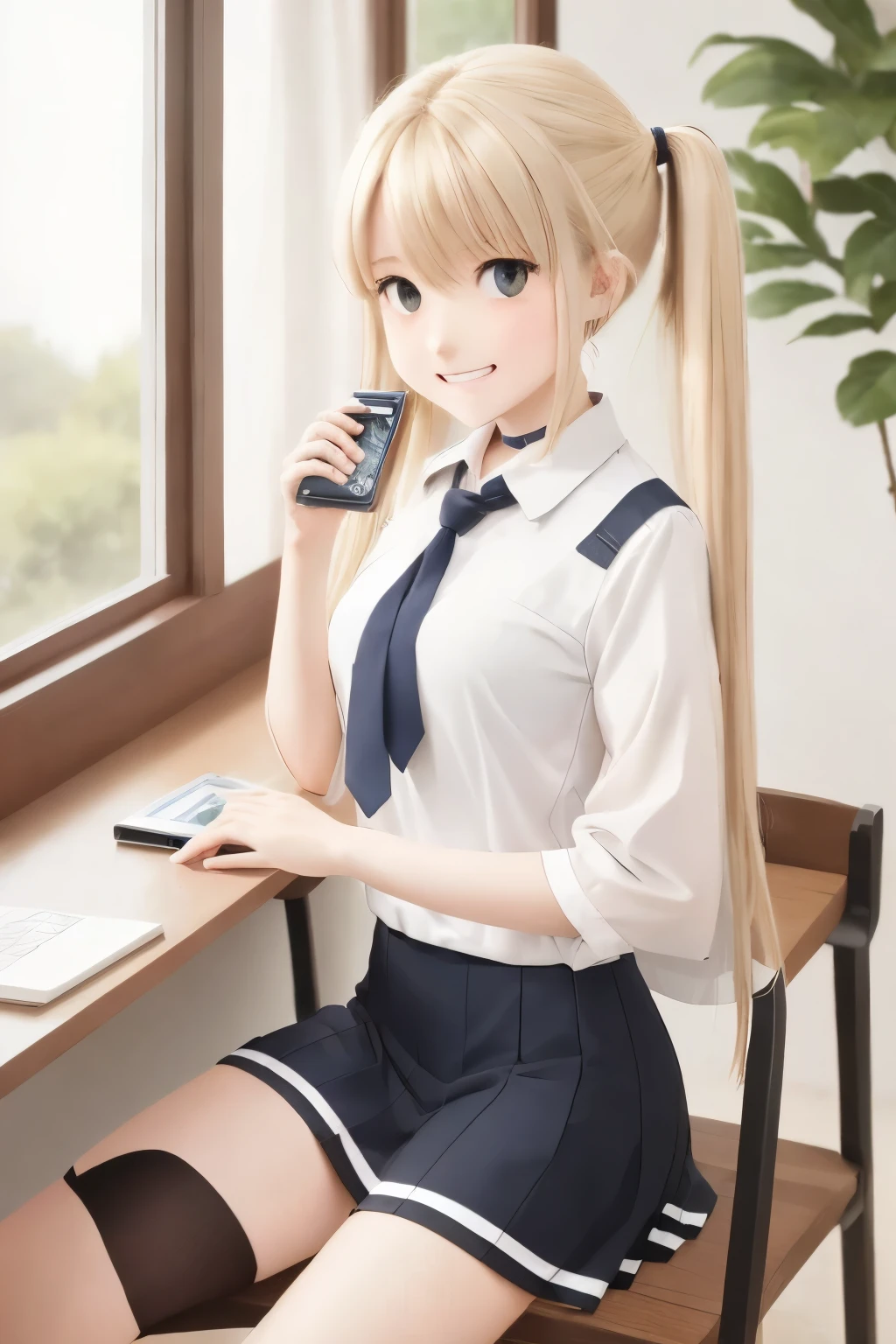 (extremely detailed CG unity 8k wallpaper,masterpiece, best quality, ultra-detailed),school classroom setting,sunlight filtering through trees,beautiful blonde high school girl with twintails and ahoge(D-cup),smartphone in hand,fidgeting with it,beautiful black-haired high school girl,thin and flat-chested, wearing sailor uniform,sitting on chair and having conversation with blonde girl who is sitting on desk,in the evening.