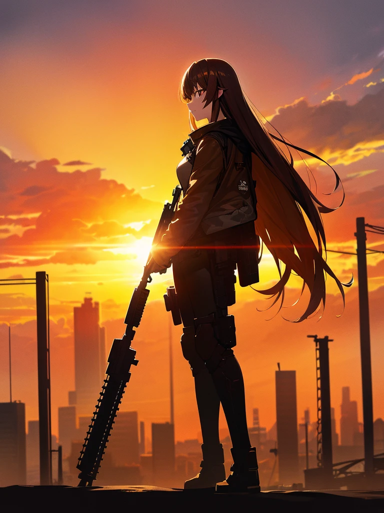 force, Multiple names, Cityscape, building, Skyline, sunset, Silhouette against a cloud background, meditation. Watching the beautiful sunset, sunset時に, sunset時, sunsetとともに, In the sunset, Nice views, Sunset view, With the sunset, sunset時に, During Golden Hour, looking sunset時に, Sunset in the background, Watching the sunset, In the spotlight, holding_gun, assault_rifle, Very detailed, Brown Hair, Long Hair, Anime Style, whole body, alone, Stylish Gunfighter Girl, Holding a steampunk long barrel pistol,Standing in the wasteland, 8K high resolution, White Background, The background is a dark and desolate landscape, Horror movie atmosphere. Her figure is very beautiful, Emphasizing the dark and crazy elements. Skillfully expressing the effects of light and shadow, Anime girls with guns and rifles, from Girls&#39; Frontline, mechanized soldier girl, Girls&#39; Frontline style