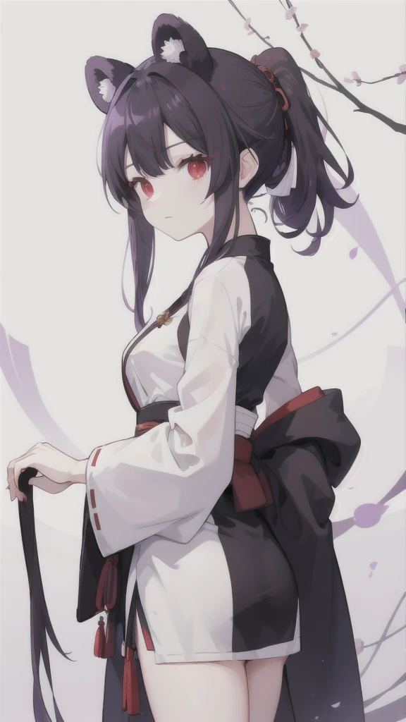 Black Bear，black short ponytail，white side hair，Red eyes，purple hanfu