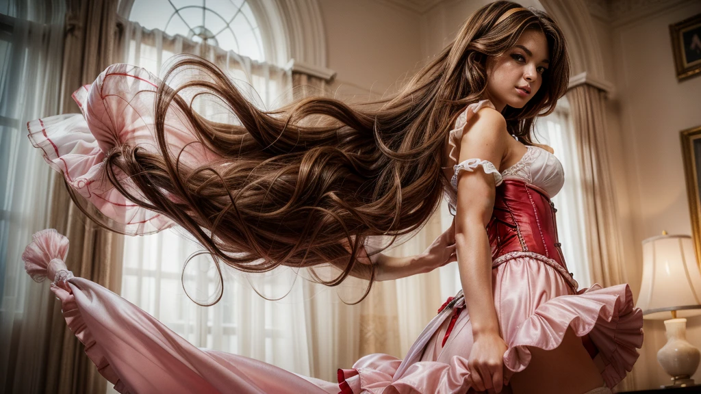 work of art, best quality female, (French),(smallbreast), (very long and curly pink volumetric hair:1.33), (white crinoline inside with red corset outside:1.33), (long red skirt:1.33), Flat headband, (beautiful detailed brown eyes:1.33), smiling face with detailed blush, Fine body, Perfect Anatomia, very cute, dynamic pose, showing a little leg, perfect shading, dramatic lighting, rendered in 8K resolution for high-quality details, Trends in the art season, conceptual artwork, Soft, sharp focus, in a salon, highy detailed, volumetric natural soft, cinematic perfect light, details Intricate
