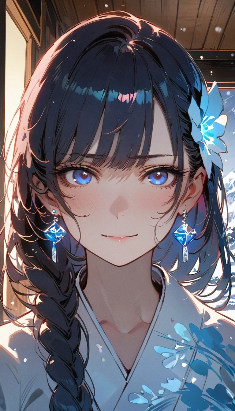 Nsfw,Snow Woman、Beautiful dark blue hair,Big Breasts、Long Hair,Yuki Onna,Cool look,White kimono,(high quality),(red eyes,Perfect Eyes,clear eyes),(cheek),Narrow eyes, Ice earrings,Adult women,Snowstorm in the background,Long sleeves,from_front,The kimono is transparent,skin is white,unamused,hair ICE ornaments,Japanese style room,(8K),straddle the Pov.,smile,(side braid),full body