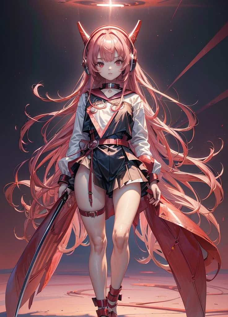 NSFW, WBDSM, (highest quality, ultra-high resolution, ultra-high definition, historical masterpiece, high-definition CG illustration: 1.2) Realistic, human-like CG illustration (one beautiful girl swordsman, her physical characteristics are a short height of 100 cm, narrow waist, , flat chest, large face, large beautiful red eyes, light scarlet long straight hair that reaches below the knees ) (avant-garde and cutting-edge jet black mini sailor uniform, fluorescent pink decorations, bright red leather handcuffs and collar, long red shining Japanese sword in the right hand, cute pink headphones) low angle, cool swordsman's stance, collapsed posture, moonlit park, effective use of LoRA