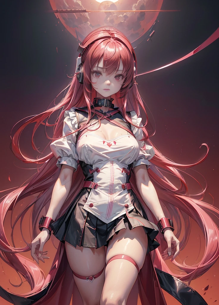 NSFW, WBDSM, (highest quality, ultra-high resolution, ultra-high definition, historical masterpiece, high-definition CG illustration: 1.2) Realistic, human-like CG illustration (one beautiful girl swordsman, her physical characteristics are a short height of 100 cm, narrow waist, , flat chest, large face, large beautiful red eyes, light scarlet long straight hair that reaches below the knees ) (avant-garde and cutting-edge jet black mini sailor uniform, fluorescent pink decorations, bright red leather handcuffs and collar, long red shining Japanese sword in the right hand, cute pink headphones) low angle, cool swordsman's stance, collapsed posture, moonlit park, effective use of LoRA