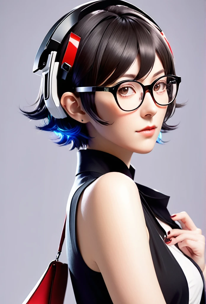 A original character, a adult woman, with a maternal yet alluring gaze. Dressed formally with a touch of sportiness, wearing headphones and glasses. Short hair, strongly inspired by Tae Takemi from Persona 5. Striking a dynamic pose with multiple points of light, featuring calm colors.