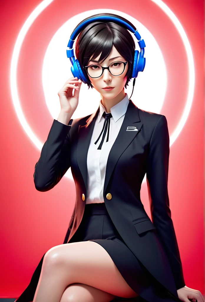 A original character, a adult woman, with a maternal yet alluring gaze. Dressed formally with a touch of sportiness, wearing headphones and glasses. Short hair, strongly inspired by Tae Takemi from Persona 5. Striking a dynamic pose with multiple points of light, featuring calm colors.