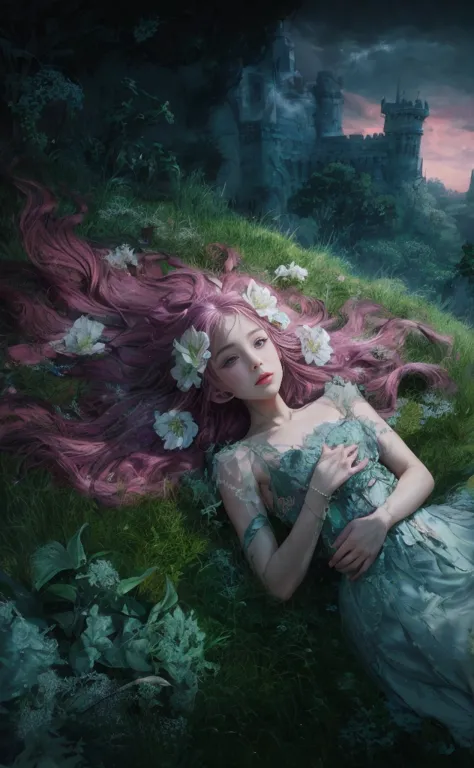 a striking dark fantasy film poster featuring a girl with violet eyes and long, wavy pink hair adorned with lilac lilies. she is...