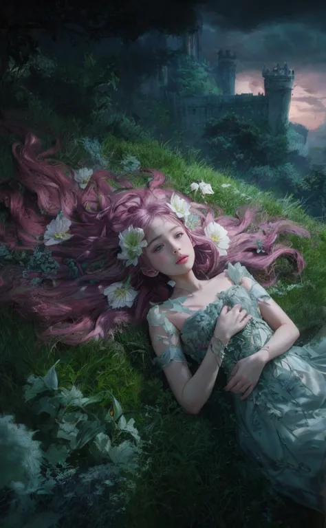 a striking dark fantasy film poster featuring a girl with violet eyes and long, wavy pink hair adorned with lilac lilies. she is...