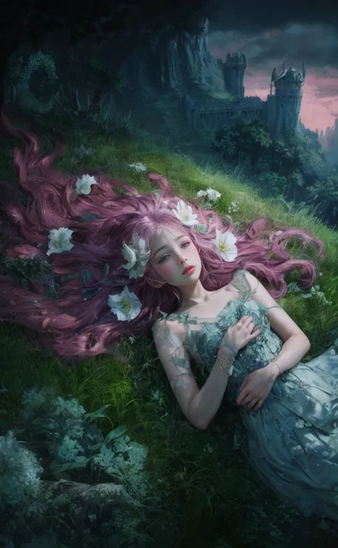 a striking dark fantasy film poster featuring a girl with violet eyes and long, wavy pink hair adorned with lilac lilies. she is...