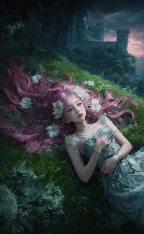 a striking dark fantasy film poster featuring a girl with violet eyes and long, wavy pink hair adorned with lilac lilies. she is...