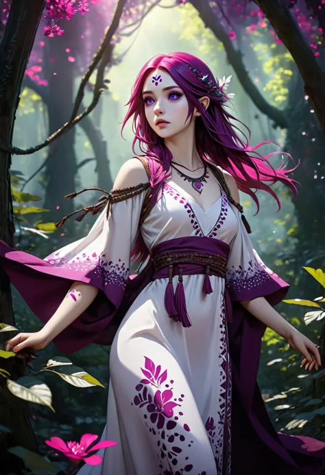 ((ultra realistic illustration:1.2)),(dark fantasy:1.4), in a mystical forest. beautiful elven mage. wild (magenta hair), violet...