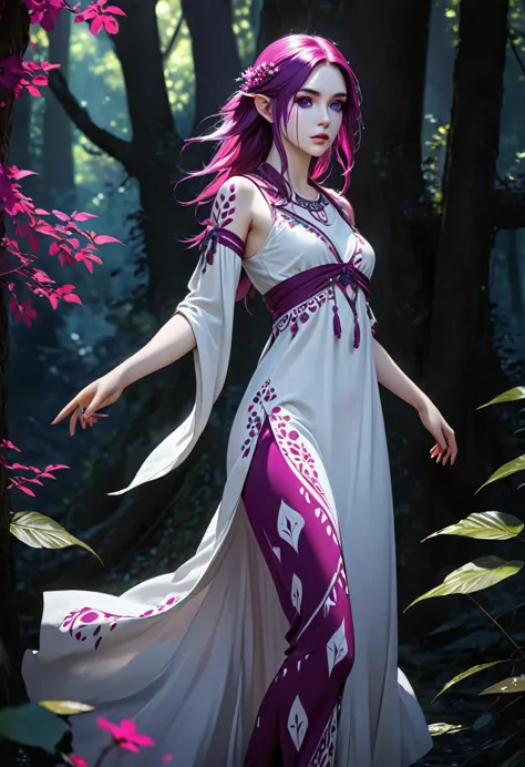 ((ultra realistic illustration:1.2)),(dark fantasy:1.4), in a mystical forest. beautiful elven mage. wild (magenta hair), violet...