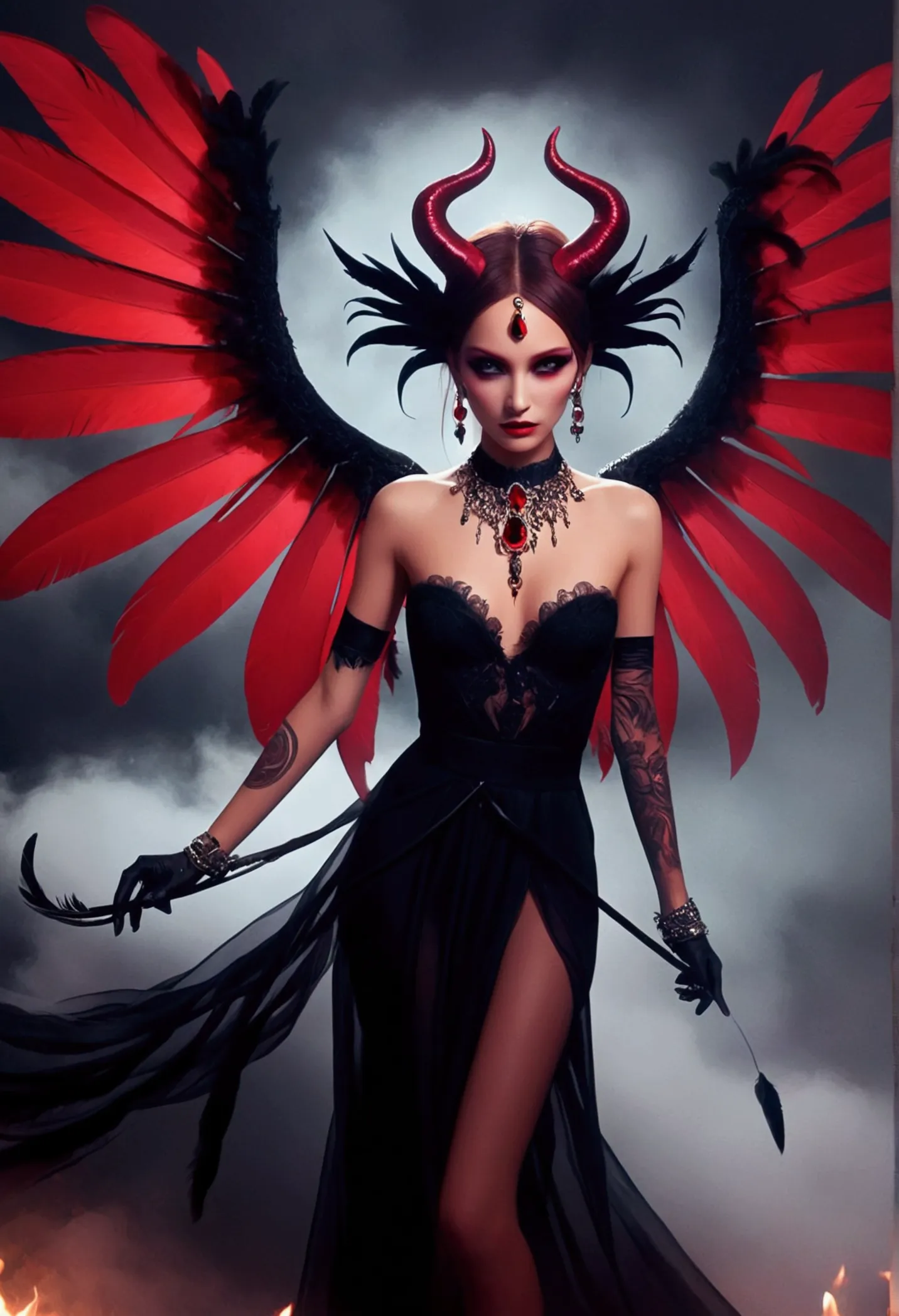 generate images of demons with crimson wings. give this image a captivating aura and powerful feather movement. next, add a devi...