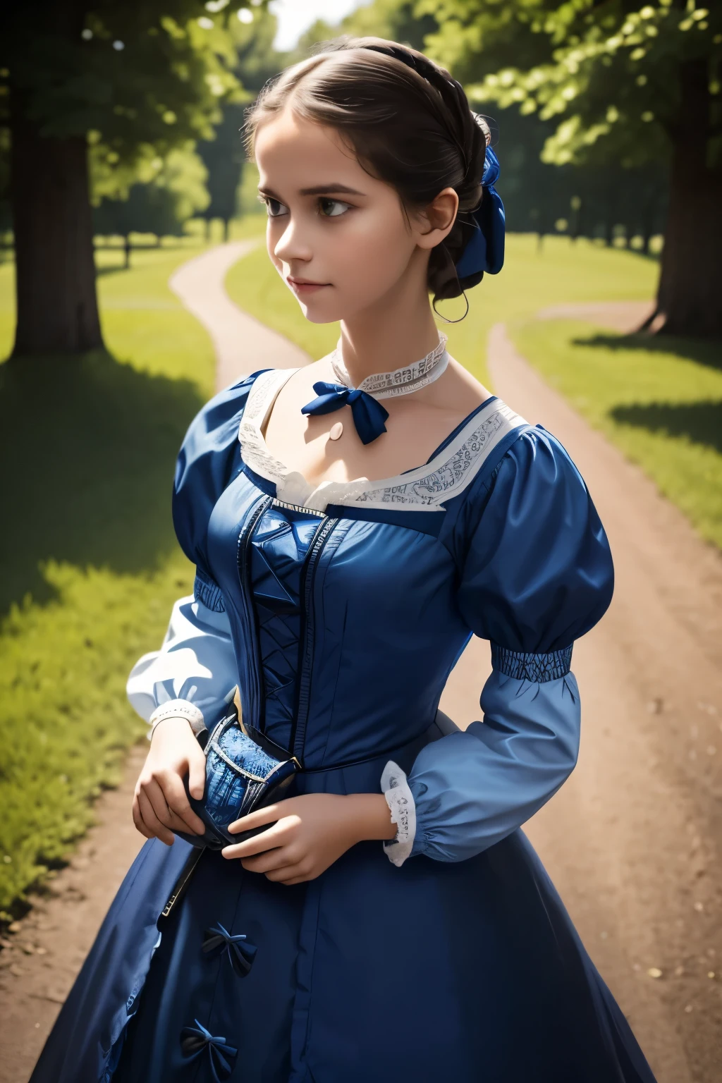 there is a young girl in a blue and white dress holding a purse, victorian style costume, victorian blue dress, victorian dress, dress in the style of rococo, historical baroque dress, victorian inspired clothing, rococo dress, wearing 1860s era clothes, wearing victorian clothes, wearing 1 8 5 0 s era clothes