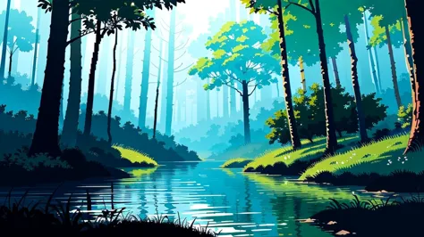 (top quality, high quality, highly detailed, masterpiece), pixel art background of a jungle river for a 2d game. the river shoul...