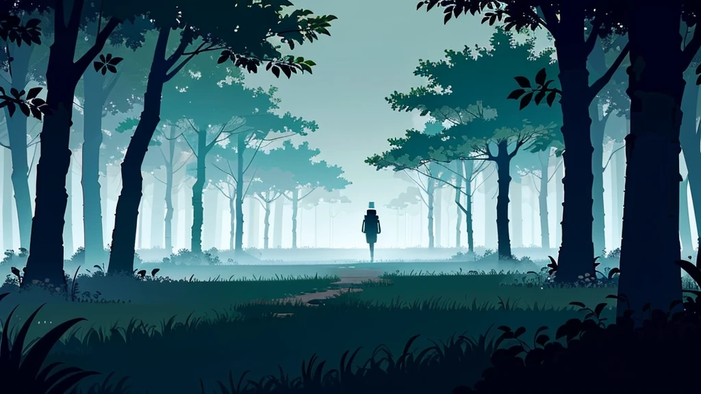 (top quality, high quality, highly detailed, masterpiece), pixel art background of a misty jungle path for a 2D game. The path should wind through a dense forest with tall, pixelated trees and thick undergrowth on either side. The scene should be enveloped in soft, pixelated fog that partially obscures the view, creating a sense of mystery and danger. Include pixel animations like the movement of the fog, rustling pixelated leaves, and distant, glowing pixel eyes peeking out from the shadows. Use a color palette of dark greens, soft grays, and eerie blues in pixelated form to create an ominous yet intriguing atmosphere.