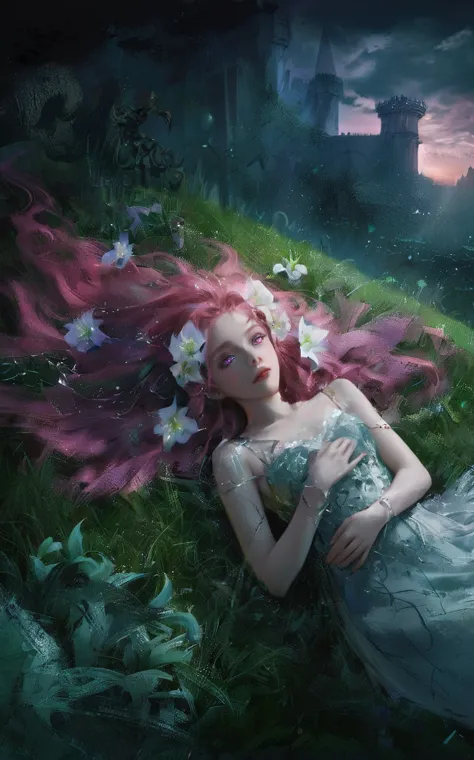 a striking dark fantasy film poster featuring a girl with violet eyes and long, wavy pink hair adorned with lilac lilies. she is...