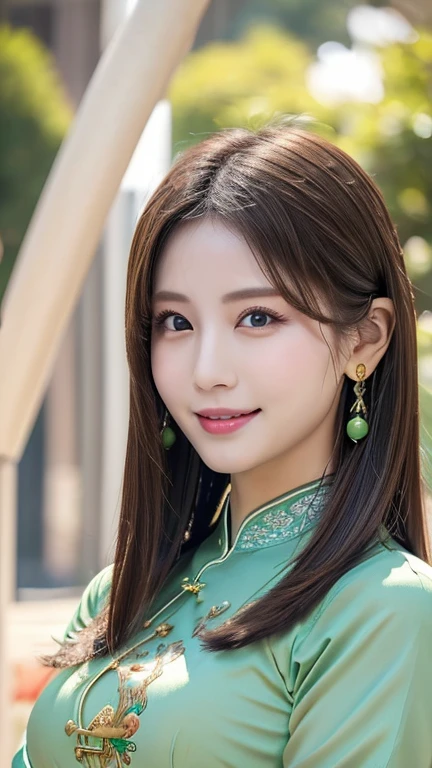 ((Highest quality、8k、masterpiece:1.3))、Ultra HD、Detailed Background、(market)、((Green Ao Dai:1.3))、Young Japanese woman、(Anatomically correct body)、（Perfect Body Beauty:1.3）、(Highly detailed beautiful face、Beautiful skin texture)、Correct finger、Captivating smile、Looking into the camera,(Right Eyes、Beautiful Eyes)、double eyelid、(Huge breasts)、Beautiful curves、Beautiful long legs,Earrings