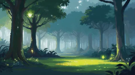 (top quality, high quality, highly detailed, masterpiece), pixel art background of a magical jungle clearing for a 2d game. the ...