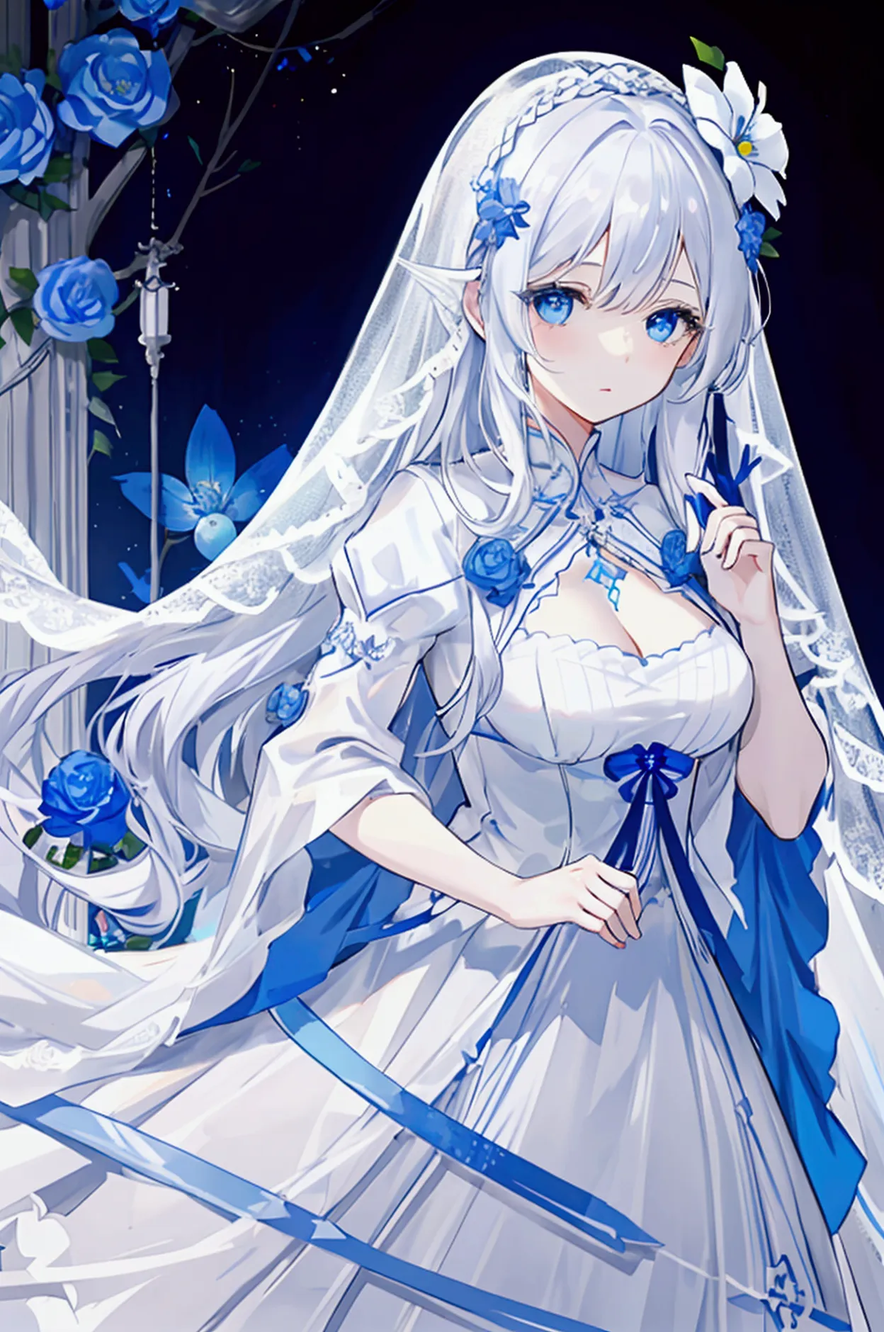 a woman with white hair and blue eyes、long and wavy hairstyle、white veil、dress、a blue flower floats from the palm of her hand、wh...