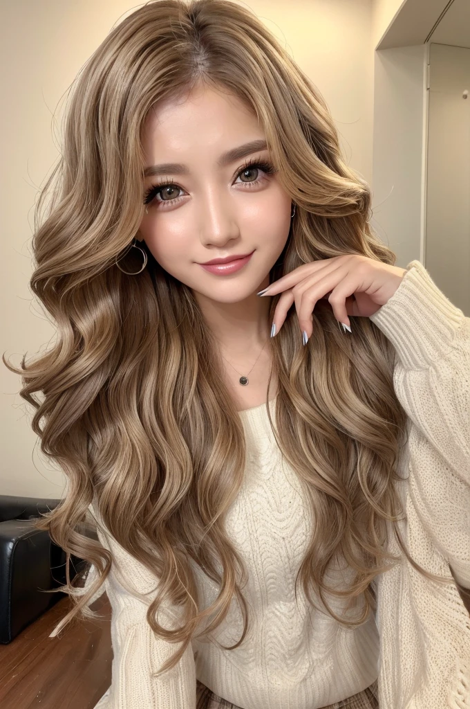 ((Highest quality, Tabletop, Ultra-high resolution、The most complex and detailed depiction))、(spring-like clothes)、(Face close-up:1.5),(One beautiful woman:1.8)、(Very light brown wavy hair:1.8), (Accurate anatomy:1.1)、Colored contact lenses、Perfect Makeup、Natural Lip、Highly saturated eyeshadow、Loose off-the-shoulder knit、Short skirt、Blurred Background, Look at me and smile、Luxurious Room、(Ultra-high resolution光沢, Fair skin:1.1)、Ultra-high resolutionの顔、Ultra-high resolutionの髪、Ultra-high resolution sparkling eyes、Ultra-high resolution glossy lips、(Brightly lit white skin:1.1)、Beautiful face drawn in every detail、Ultra-high resolution perfect beautiful teeth、 whole body, Shoulders exposed:1.8,Front Angle:1.8,